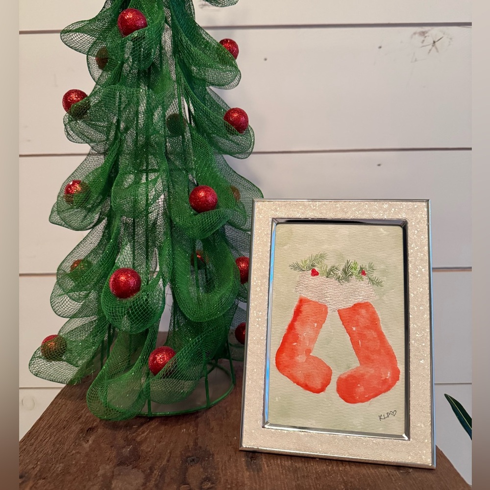 Festive Watercolor original stockings in 4x6 sparkling frame